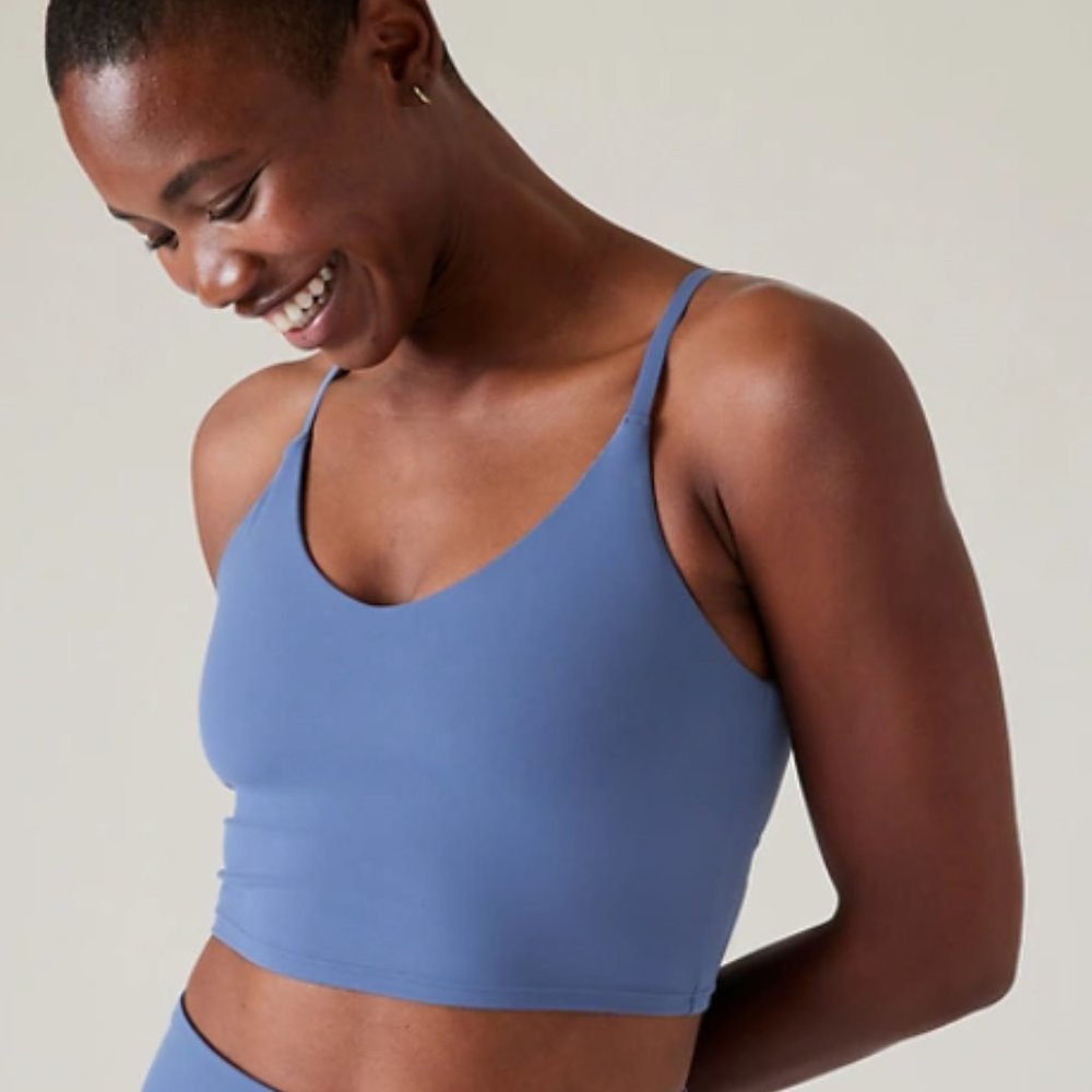 Athleta Elation V-Neck Longline Sports Bra in Chrome Blue Size Medium